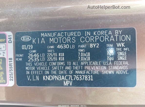 KNDPN3AC7L7637831 2020 KIA SPORTAGE Brown Vista del compartimento del motor