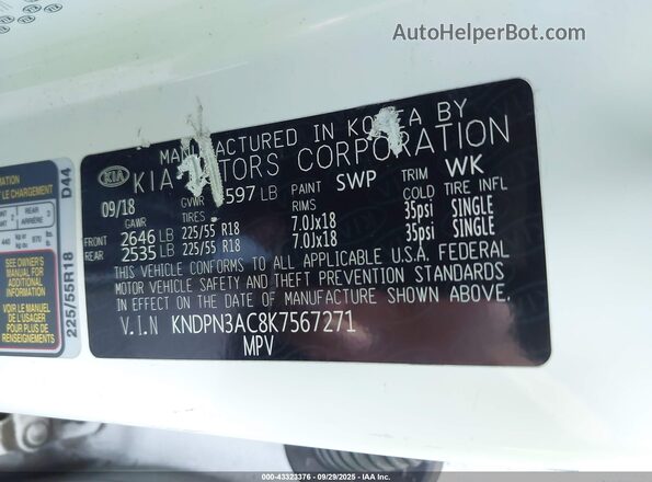 KNDPN3AC8K7567271 2019 KIA SPORTAGE White Շարժիչի բաժամունքի տեսք