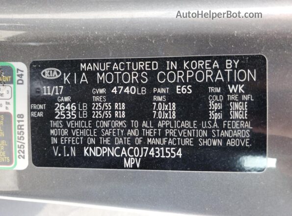 KNDPNCAC0J7431554 2018 KIA SPORTAGE Серый 