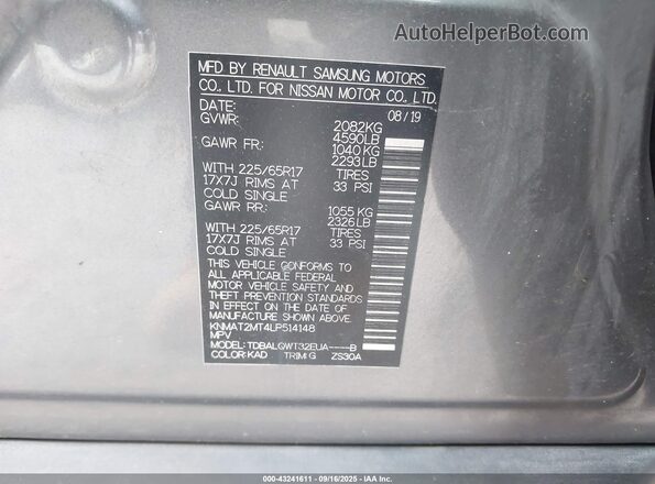 KNMAT2MT4LP514148 2020 NISSAN ROGUE Gray Vista del compartimento del motor