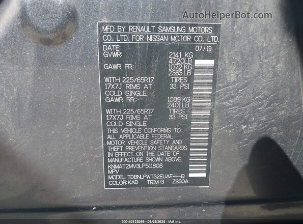 KNMAT2MV3LP511808 2020 NISSAN ROGUE Gray Engine compartment view
