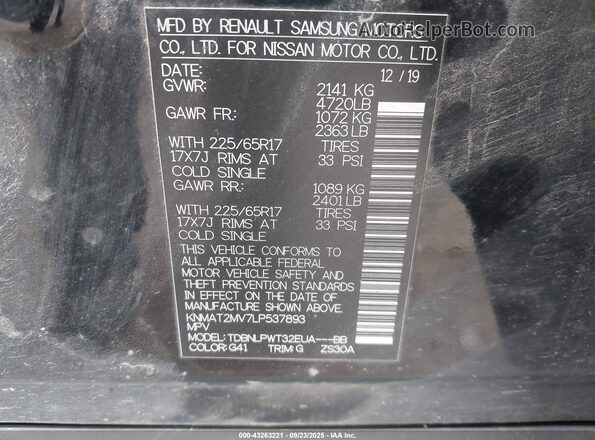 KNMAT2MV7LP537893 2020 NISSAN ROGUE Black Engine compartment view