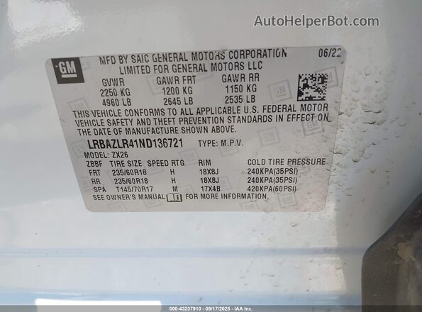 LRBAZLR41ND136721 2022 BUICK ENVISION White Вид підкапотного простору