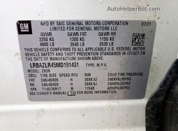 LRBAZLR45MD191431 2021 BUICK ENVISION White 360 interior view