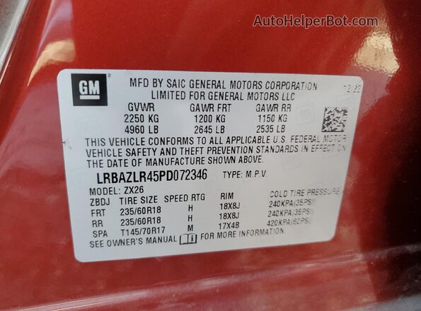 LRBAZLR45PD072346 2023 BUICK ENVISION Red VIN sticker view