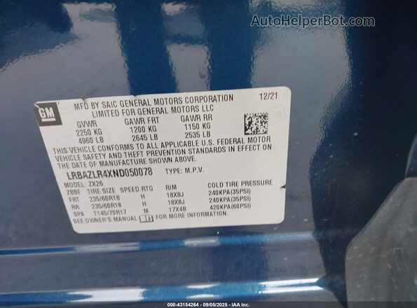LRBAZLR4XND050078 2022 BUICK ENVISION Blue Вид підкапотного простору