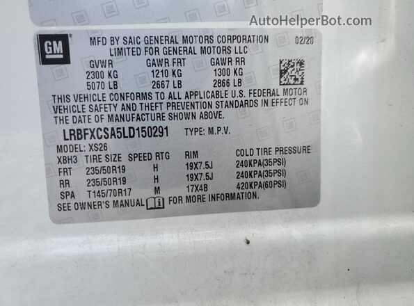 LRBFXCSA5LD150291 2020 BUICK ENVISION White Widok naklejki z numerem VIN