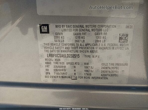 LRBFXCSA6LD232515 2020 BUICK ENVISION Gray Engine compartment view