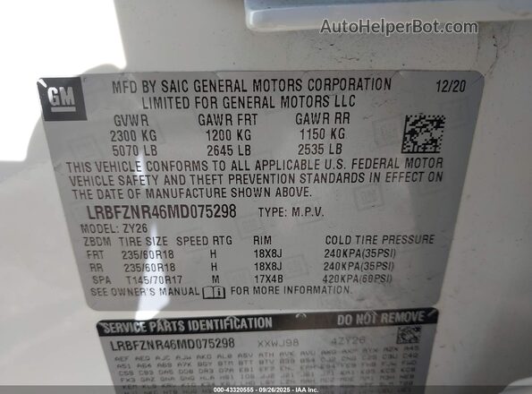 LRBFZNR46MD075298 2021 BUICK ENVISION White Vista del compartimento del motor