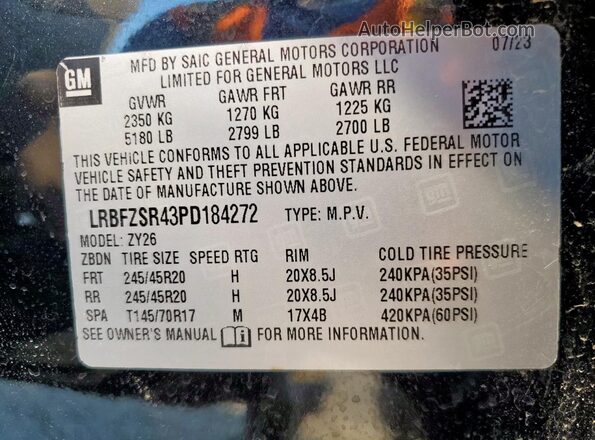 LRBFZSR43PD184272 2023 BUICK ENVISION Черный Вид наклейки с VIN-кодом