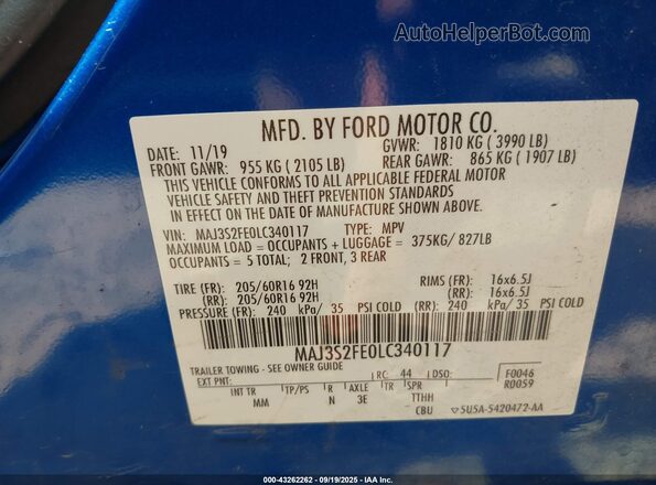 MAJ3S2FE0LC340117 2020 FORD ECOSPORT Blue Շարժիչի բաժամունքի տեսք