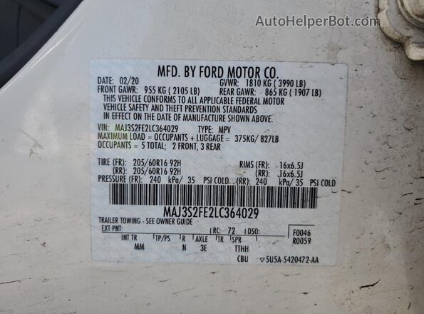 MAJ3S2FE2LC364029 2020 FORD ECOSPORT White VIN კოდის სტიკერის ხედი