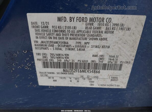 MAJ3S2FE6MC454866 2021 FORD ECOSPORT Blue Vista del compartimento del motor