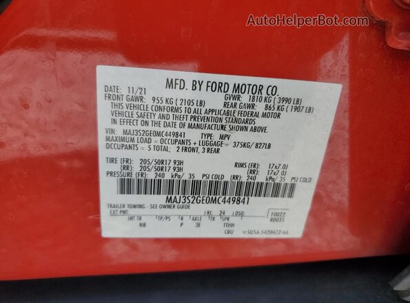 MAJ3S2GE0MC449841 2021 FORD ECOSPORT Red VIN კოდის სტიკერის ხედი