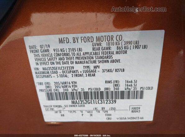 MAJ3S2GE1LC312339 2020 FORD ECOSPORT Orange Շարժիչի բաժամունքի տեսք