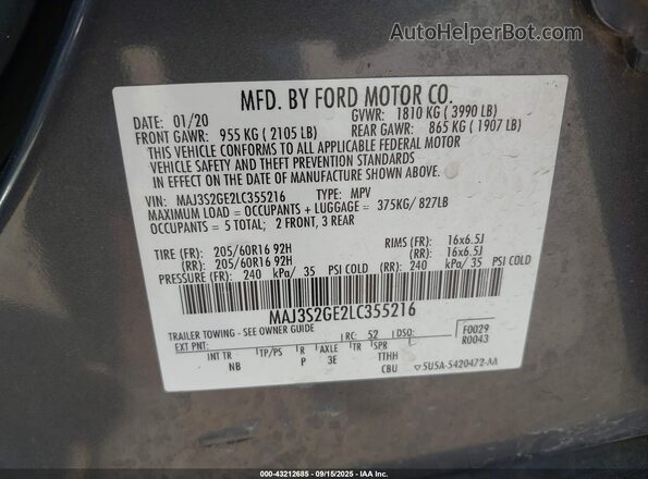 MAJ3S2GE2LC355216 2020 FORD ECOSPORT Gray ძრავის განყოფილების ხედი