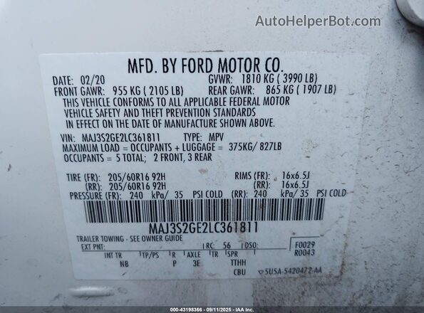 MAJ3S2GE2LC361811 2020 FORD ECOSPORT White ძრავის განყოფილების ხედი
