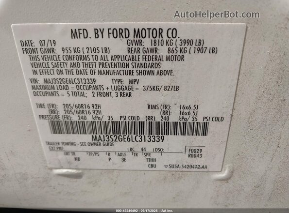MAJ3S2GE6LC313339 2020 FORD ECOSPORT White Vista del compartimento del motor