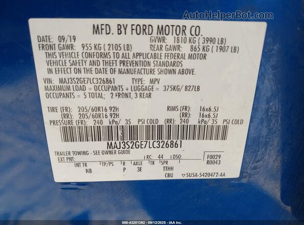 MAJ3S2GE7LC326861 2020 FORD ECOSPORT Blue Շարժիչի բաժամունքի տեսք