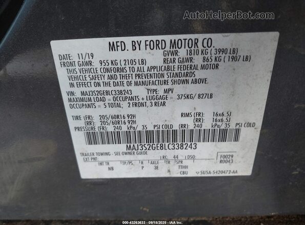 MAJ3S2GE8LC338243 2020 FORD ECOSPORT Gray ძრავის განყოფილების ხედი