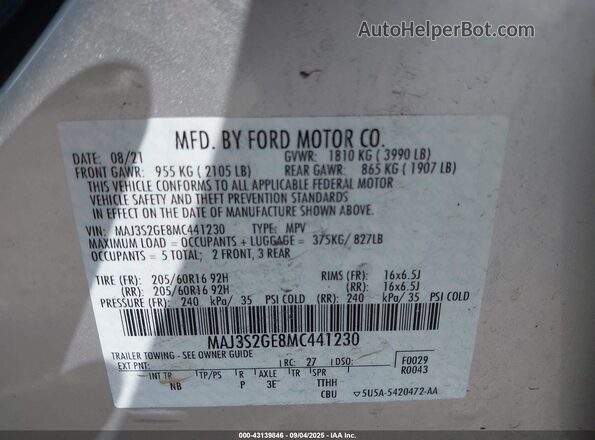 MAJ3S2GE8MC441230 2021 FORD ECOSPORT Silver ძრავის განყოფილების ხედი