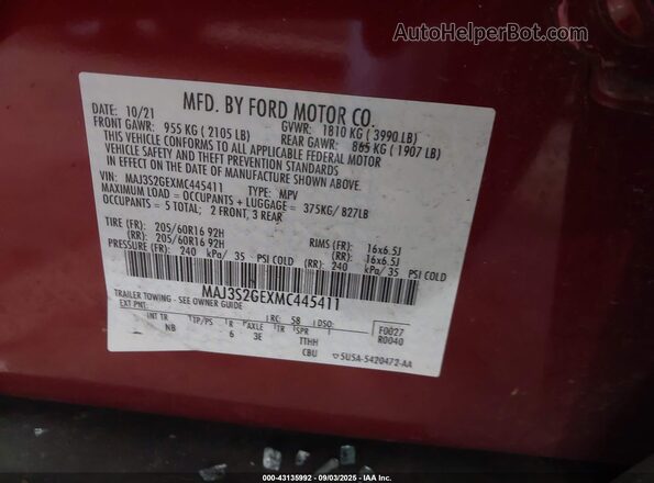 MAJ3S2GEXMC445411 2021 FORD ECOSPORT Red ძრავის განყოფილების ხედი