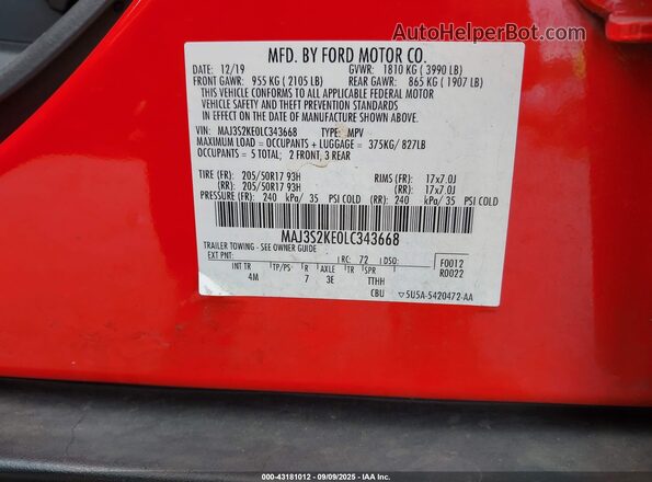 MAJ3S2KE0LC343668 2020 FORD ECOSPORT Red Вид підкапотного простору