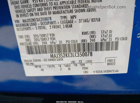 MAJ3S2KE3LC350078 2020 FORD ECOSPORT Blue ძრავის განყოფილების ხედი