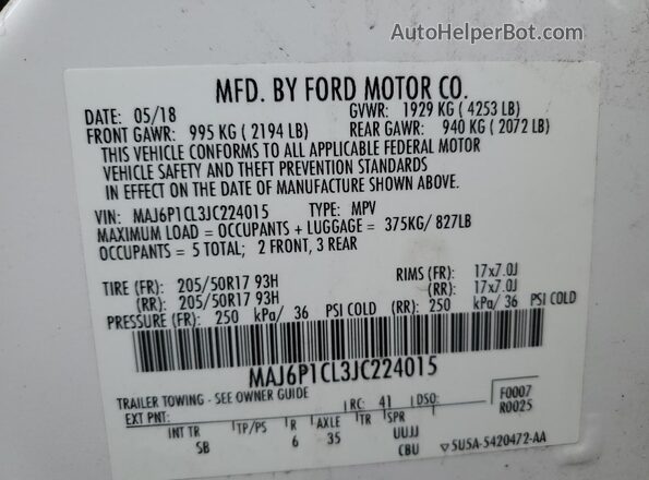 MAJ6P1CL3JC224015 2018 FORD ECOSPORT White 