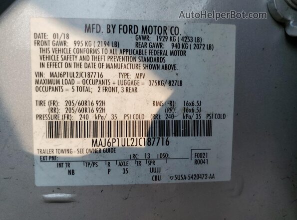 MAJ6P1UL2JC187716 2018 FORD ECOSPORT Silver 