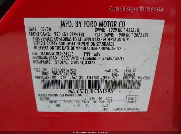 MAJ6S3FL8LC361296 2020 FORD ECOSPORT Red Vista del compartimento del motor