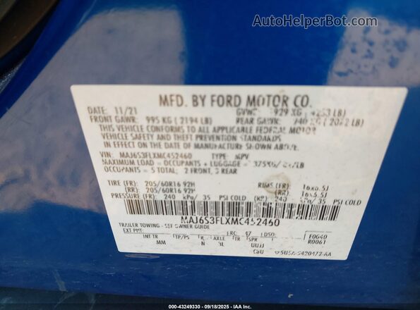 MAJ6S3FLXMC452460 2021 FORD ECOSPORT Синий Вид подкапотного пространства