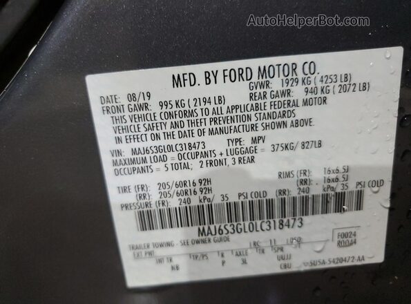 MAJ6S3GL0LC318473 2020 FORD ECOSPORT Gray VIN sticker view