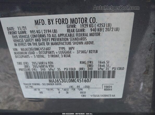 MAJ6S3GL0MC451607 2021 FORD ECOSPORT Gray Vista del compartimento del motor