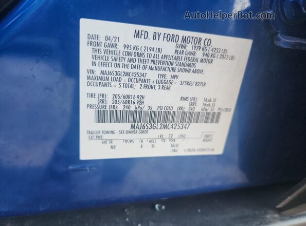 MAJ6S3GL2MC425347 2021 FORD ECOSPORT Blue Շարժիչի բաժամունքի տեսք
