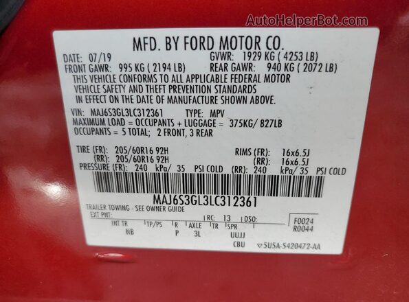 MAJ6S3GL3LC312361 2020 FORD ECOSPORT Red VIN sticker view