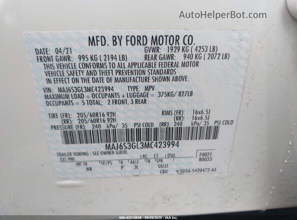 MAJ6S3GL3MC423994 2021 FORD ECOSPORT White Engine compartment view