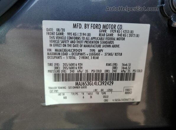 MAJ6S3GL4LC392429 2020 FORD ECOSPORT Gray Вид наклейки з VIN-кодом