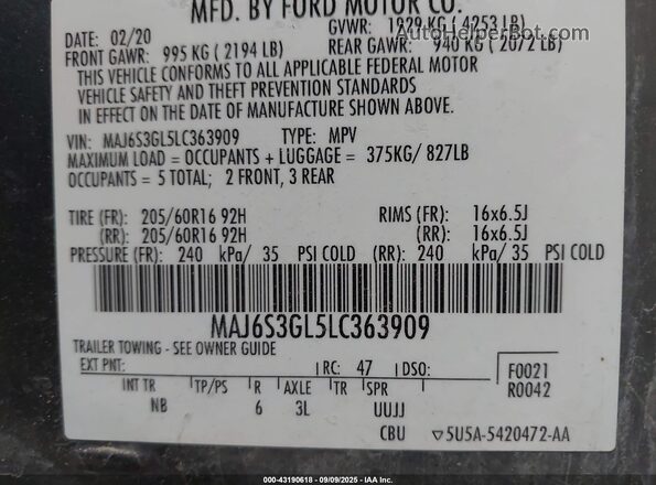 MAJ6S3GL5LC363909 2020 FORD ECOSPORT Gray Вид підкапотного простору