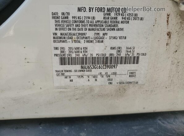 MAJ6S3GL6LC390097 2020 FORD ECOSPORT Белый Вид наклейки с VIN-кодом
