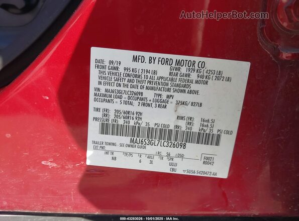 MAJ6S3GL7LC326098 2020 FORD ECOSPORT Red Շարժիչի բաժամունքի տեսք