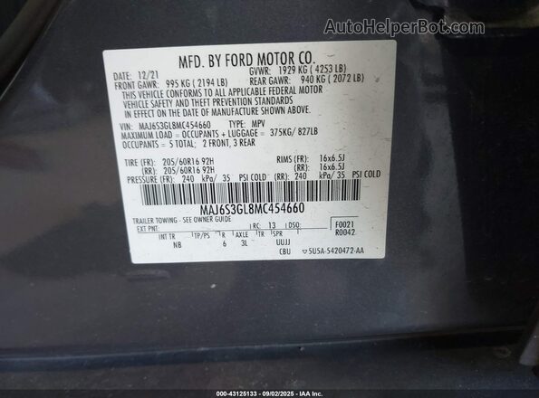 MAJ6S3GL8MC454660 2021 FORD ECOSPORT Gray Вид підкапотного простору