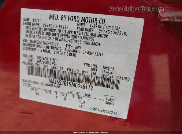 MAJ6S3GL9MC456112 2021 FORD ECOSPORT Red 