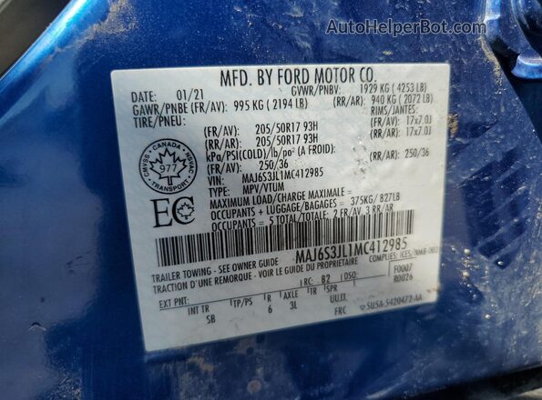 MAJ6S3JL1MC412985 2021 FORD ECOSPORT Blue ძრავის განყოფილების ხედი