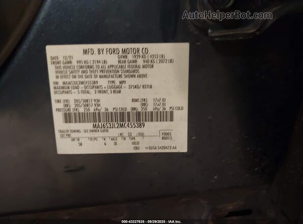 MAJ6S3JL2MC455389 2021 FORD ECOSPORT Blue ძრავის განყოფილების ხედი