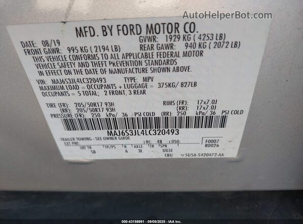 MAJ6S3JL4LC320493 2020 FORD ECOSPORT Silver Вид підкапотного простору