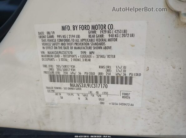 MAJ6S3JL9LC317170 2020 FORD ECOSPORT White ძრავის განყოფილების ხედი