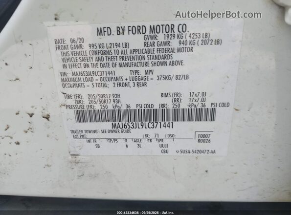 MAJ6S3JL9LC371441 2020 FORD ECOSPORT Белый Вид подкапотного пространства