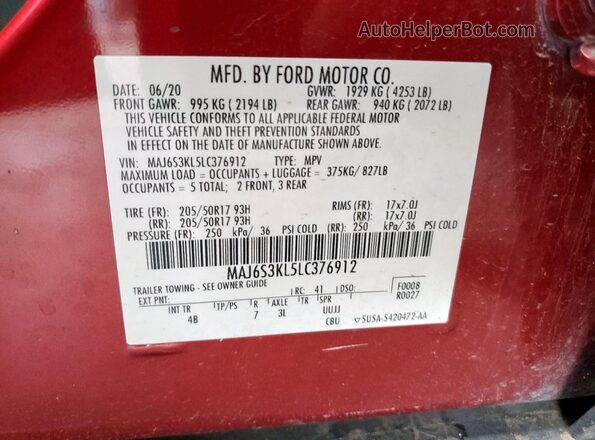 MAJ6S3KL5LC376912 2020 FORD ECOSPORT Red VIN կոդի պիտակի տեսք