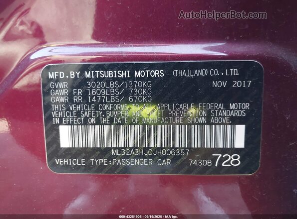ML32A3HJ0JH006357 2018 MITSUBISHI MIRAGE Purple 